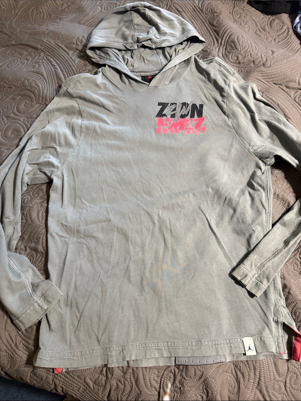Jordan Men's Gray Hooded Long Sleeve Shirt with Pink Chest Graphic